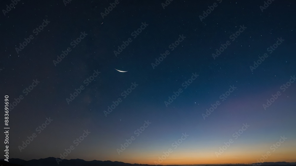 Fototapeta premium Sky at dawn with a crescent moon and stars, showcasing tranquility and natural beauty