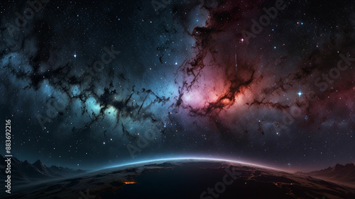 Space background featuring nebula and stars in a 360-degree equirectangular projection, with an environment map. HDRI spherical panorama