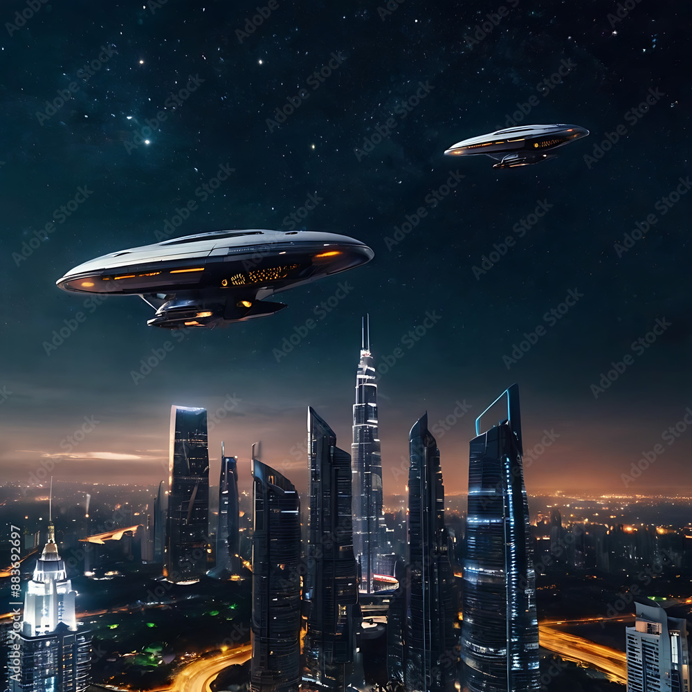 A futuristic cityscape with sleek skyscrapers and flying vehicles under a starry sky with copy space A futuristic cityscape with sleek skyscrapers and flying vehicles under a starry sky with copy space
