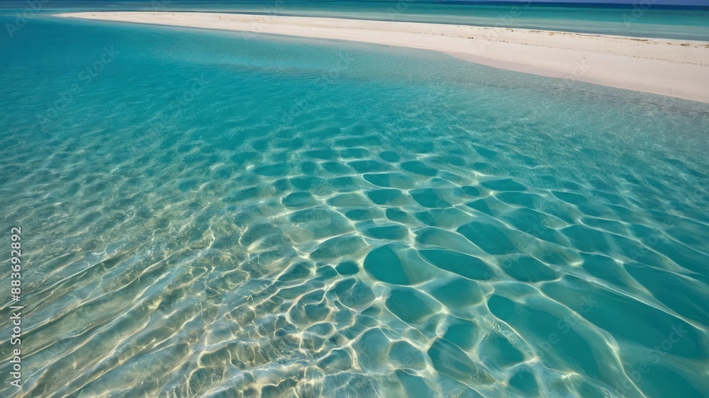 Naklejka premium Turquoise waters gently lapping against white sandy shore; perfect for tropical vacations