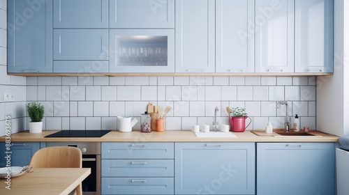 Scandinavian interior design. Small kitchen room with blue cabinets and white countertop, Nordic kitchen top view. White tiles on wall