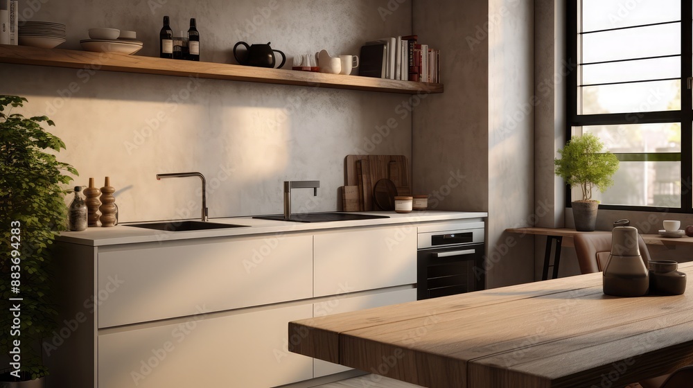 Sink in the studio kitchen. Trendy furniture in the living room and modern details in the kitchen area Sink in the studio kitchen. Trendy furniture in the living room and modern details in the kitchen area