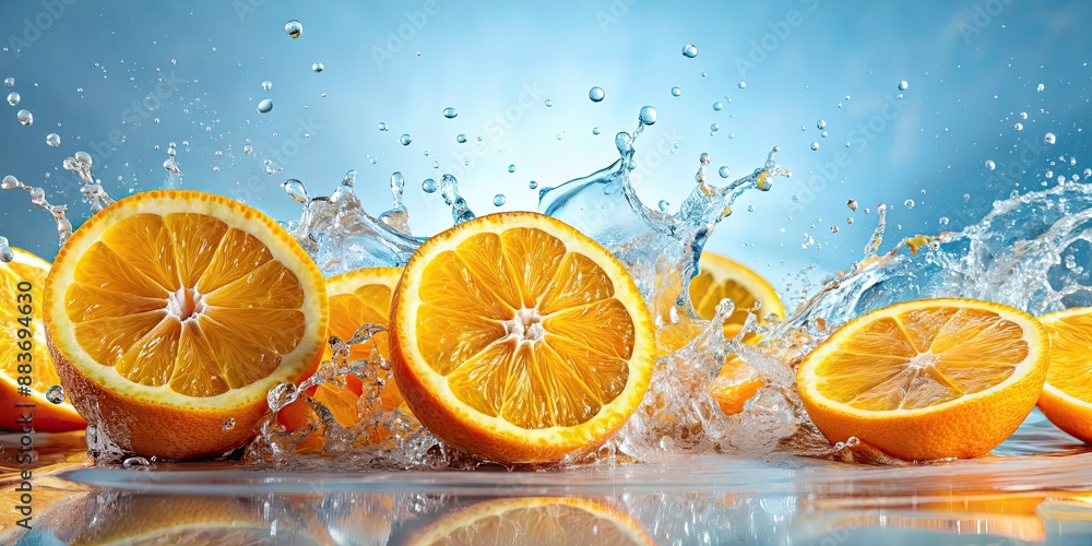 Fresh orange slices splashing with water , tropical, oranges, fruit, refreshing, vibrant, juicy, citrus, summer, liquid Fresh orange slices splashing with water , tropical, oranges, fruit, refreshing, vibrant, juicy, citrus, summer, liquid