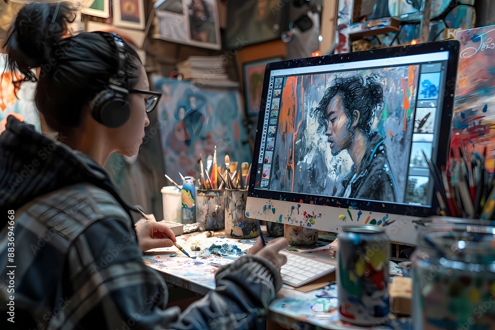 Focused artist creating a digital painting with a stylus, surrounded by art supplies in a cluttered studio. Focused artist creating a digital painting with a stylus, surrounded by art supplies in a cluttered studio.