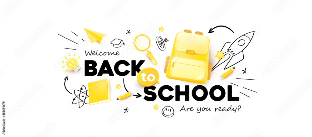 back to school banner on white background layout decorate with school supplies and hand drawn icon back to school banner on white background layout decorate with school supplies and hand drawn icon