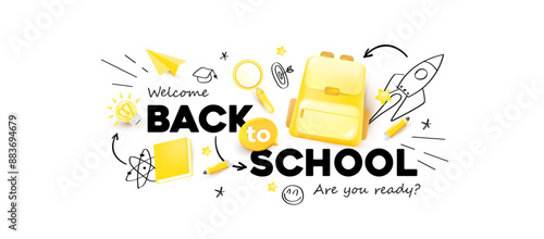 back to school banner on white background layout decorate with school supplies and hand drawn icon