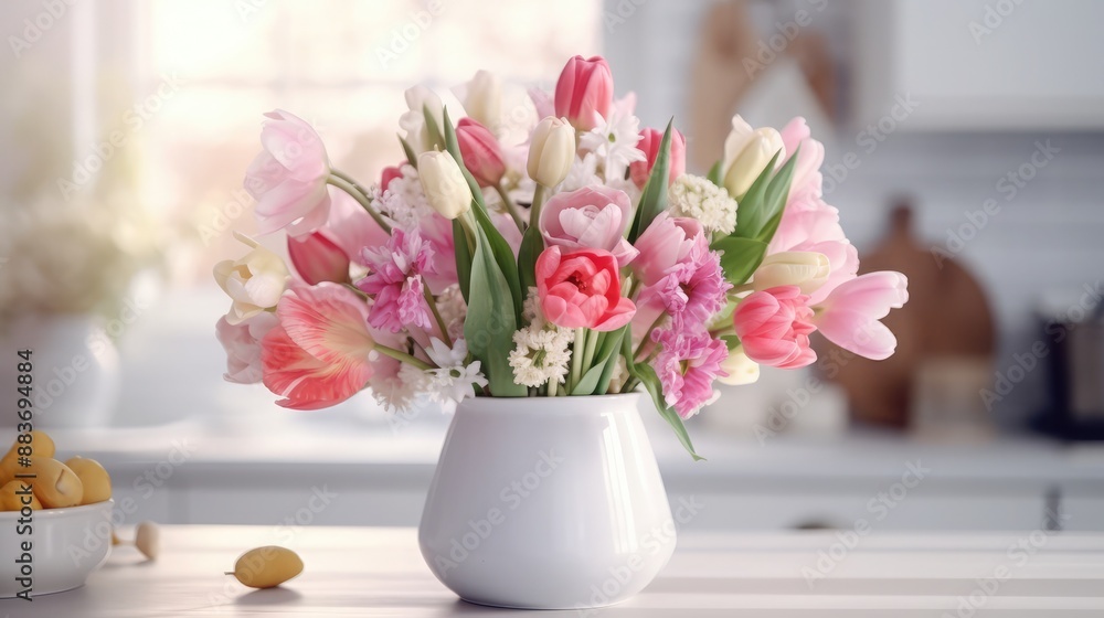 Spring bouquet on wooden table in the kitchen. Scandinavian style. White wooden background. Bright kitchen interior Spring bouquet on wooden table in the kitchen. Scandinavian style. White wooden background. Bright kitchen interior