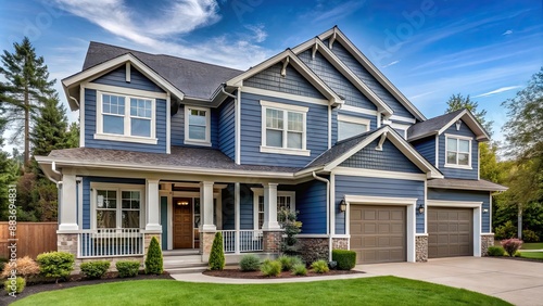 Front view of a large two story blue gray house with wood and vinyl siding, house, architecture, home, residential
