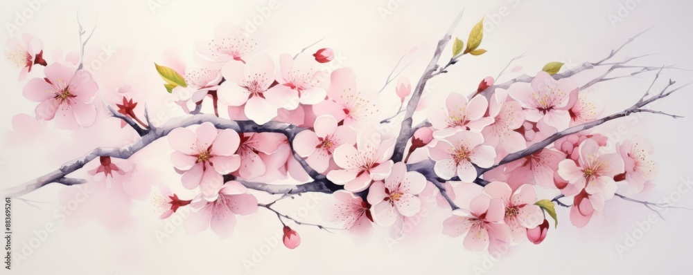 Delicate Watercolor Cherry Blossoms Blooming in Spring - Beautiful Floral Artwork Delicate Watercolor Cherry Blossoms Blooming in Spring - Beautiful Floral Artwork