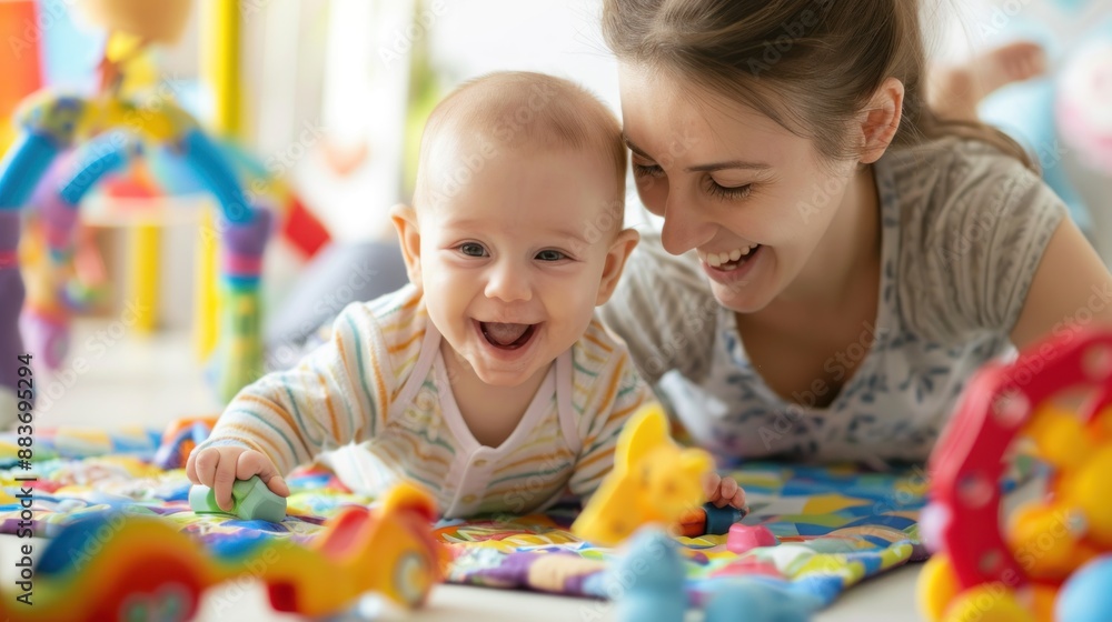 Fototapeta premium Close-up of a mother playing with her baby on a play mat, with colorful toys and both smiling happily, in a bright and cheerful nursery background, Portrait close-up, hyper-realistic, high detail,