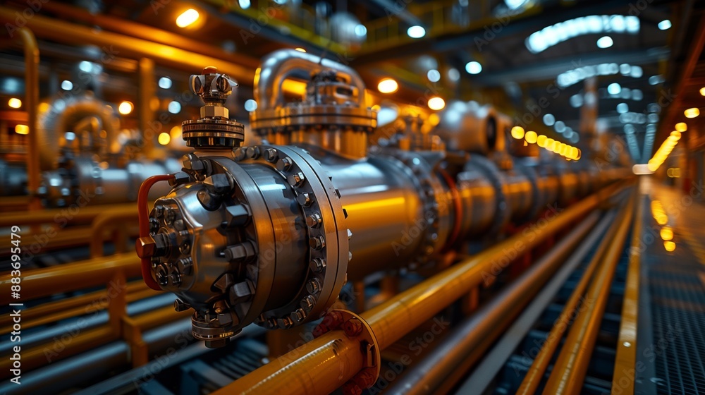 Industrial Metal Pipeline System. Detailed view of a high-tech industrial metal pipeline system with intricate components and lighting in a factory setting. Industrial Metal Pipeline System. Detailed view of a high-tech industrial metal pipeline system with intricate components and lighting in a factory setting.