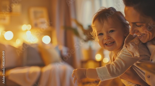 Close-up of a mother teaching her toddler to walk, with the child taking first steps and both smiling proudly, in a cozy living room with soft lighting, Portrait close-up, hyper-realistic, high