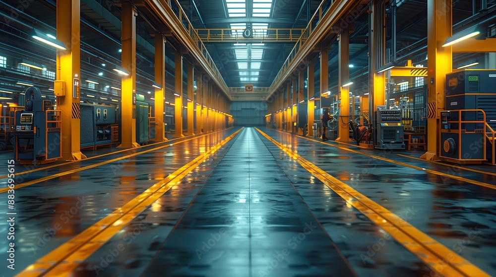 High-Tech Industrial Factory Interior. Spacious high-tech industrial factory with modern machinery, bright overhead lights, and a polished floor, showcasing advanced manufacturing. High-Tech Industrial Factory Interior. Spacious high-tech industrial factory with modern machinery, bright overhead lights, and a polished floor, showcasing advanced manufacturing.