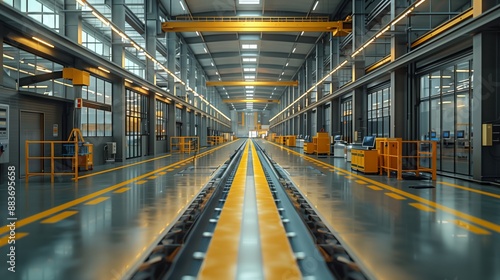 Bright Modern Manufacturing Facility. Bright and modern manufacturing facility with high ceilings, large windows, and advanced machinery, emphasizing industrial automation and efficiency.