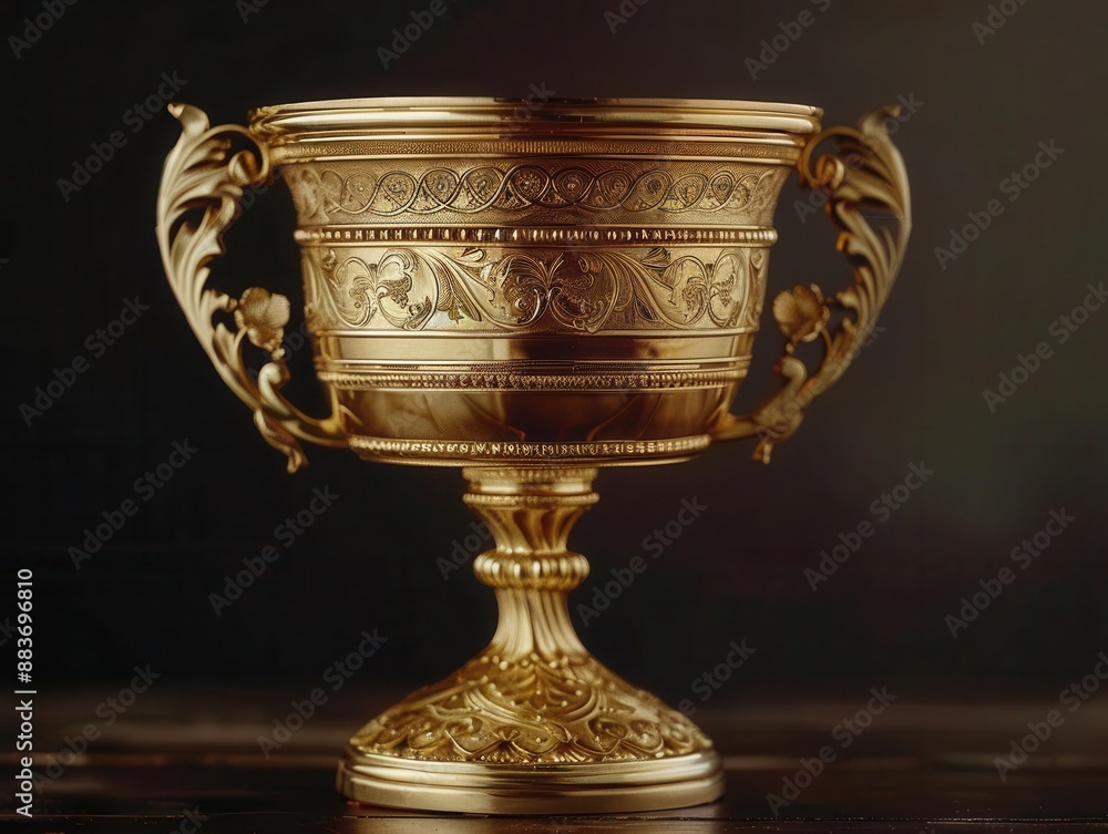 majestic golden trophy intricate engraving details gleaming metallic surface dramatic lighting symbol of victory and achievement prestigious award majestic golden trophy intricate engraving details gleaming metallic surface dramatic lighting symbol of victory and achievement prestigious award