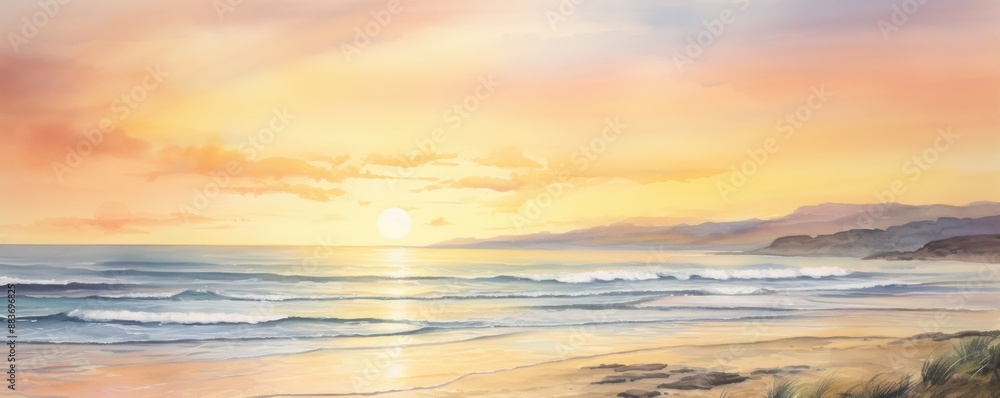 Serene Watercolor Sunset Casting a Warm Glow Over the Beach Serene Watercolor Sunset Casting a Warm Glow Over the Beach