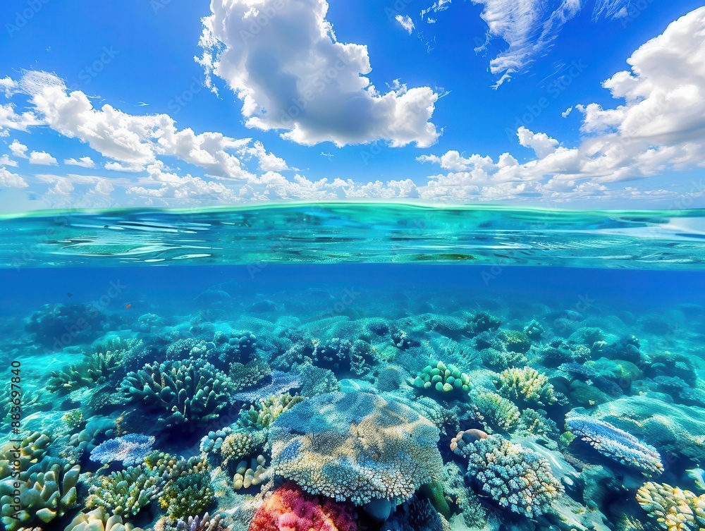 mesmerizing splitscreen seascape vibrant blue sky with cottoncandy clouds above crystalclear turquoise waters teeming with colorful marine life below seamless horizon line mesmerizing splitscreen seascape vibrant blue sky with cottoncandy clouds above crystalclear turquoise waters teeming with colorful marine life below seamless horizon line