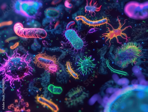 microscopic view of vibrant bacteria colonies swirling patterns of neonhued microorganisms abstract cellular landscape dark background with bioluminescent glow