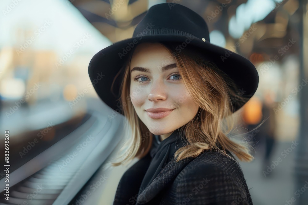elegant young woman in a black hat and coat standing on a train platform her warm smile and vintageinspired outfit evoke a sense of timeless sophistication and adventure elegant young woman in a black hat and coat standing on a train platform her warm smile and vintageinspired outfit evoke a sense of timeless sophistication and adventure