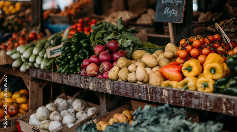 A farmer's market stall filled with fresh produce, highly professional photo picture capturing vibrant colors and dynamic composition, harvesting, with copy space A farmer's market stall filled with fresh produce, highly professional photo picture capturing vibrant colors and dynamic composition, harvesting, with copy space