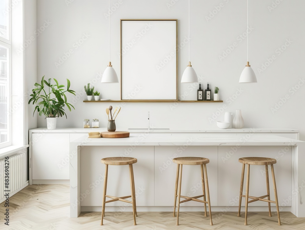 minimalist kitchen interior with blank white frame scandinavianinspired decor soft natural light highlights clean lines and neutral color palette minimalist kitchen interior with blank white frame scandinavianinspired decor soft natural light highlights clean lines and neutral color palette