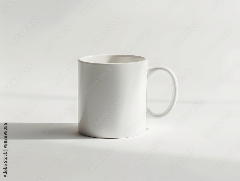 Fototapeta premium minimalist product shot crisp white ceramic coffee mug isolated on pure white backdrop clean lines and subtle shadows emphasize simplicity and versatility of everyday object