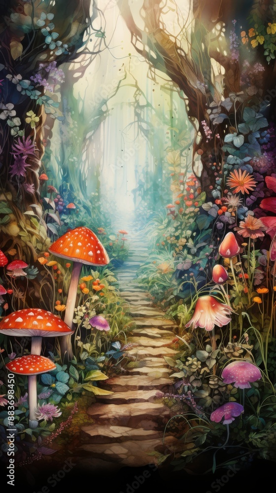 Fototapeta premium Enchanted Watercolor Fairy Tale Forest - A Magical and Whimsical Wonderland of Beauty and Mystery