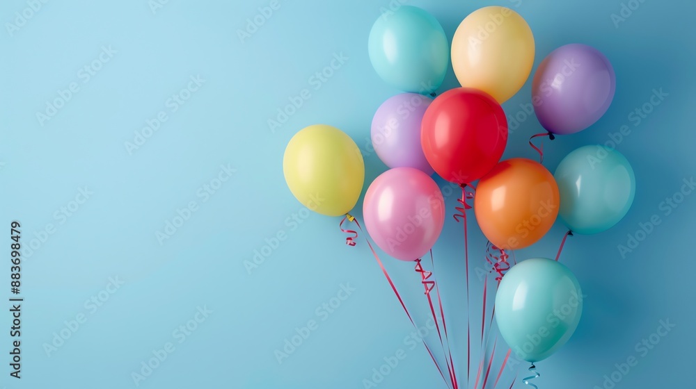A bunch of colorful balloons against a blue background. A bunch of colorful balloons against a blue background.
