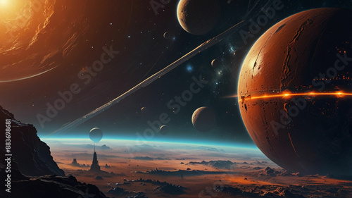 Illustrations depicting science fiction in space