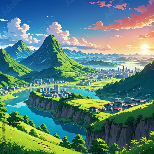 Natural mountain views in anime style