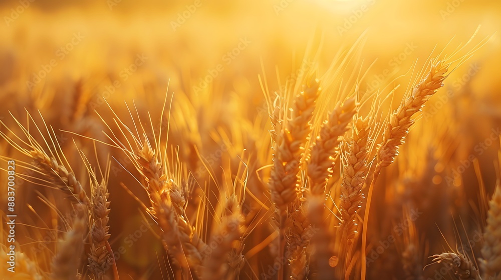 Golden wheat field at sunset, close-up of ripe wheat ears, vibrant warm colors, dramatic lighting, shallow depth of field, bokeh background, delicate details of wheat spikes. Golden wheat field at sunset, close-up of ripe wheat ears, vibrant warm colors, dramatic lighting, shallow depth of field, bokeh background, delicate details of wheat spikes.