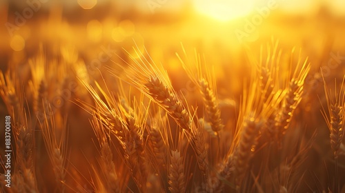 Golden wheat field at sunset, close-up of ripe wheat ears, vibrant warm colors, dramatic lighting, shallow depth of field, bokeh background, delicate details of wheat spikes. © horizon