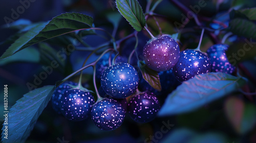 Starberry: Berries that twinkle like stars, with tiny constellations visible on their skins, growing in a night-sky-themed garden. Keywords: twinkling, stars, constellations, night photo