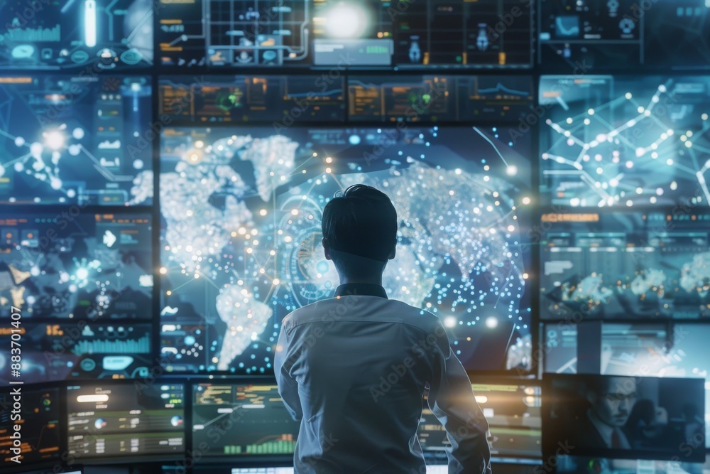 A Hacker In Front of Multiple Monitors Showing Digital Data A Hacker In Front of Multiple Monitors Showing Digital Data