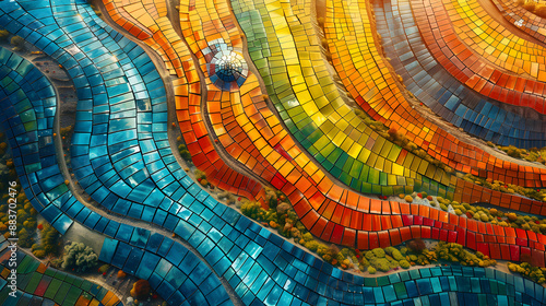 Top-down shot of a solar farm with panels forming intricate, colorful patterns against the earth, representing sustainable energy solutions, 8K 