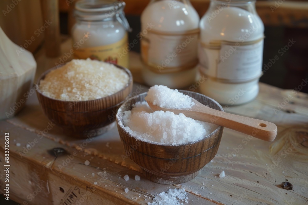 Wooden Bowls of White and Brown Salt with Jars in the Background Wooden Bowls of White and Brown Salt with Jars in the Background