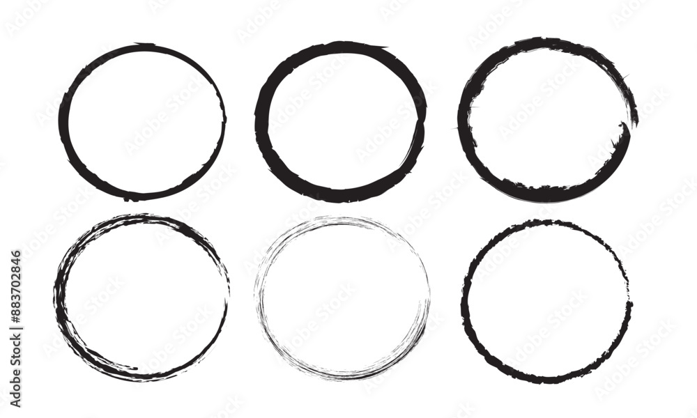 Grunge circles brush set. Black circle frames. Round line of black paint. Grunge round shapes. Circular ink brush stroke fro design elements. Vector illustration.
Grunge circles brush set. Black circle frames. Round line of black paint. Grunge round shapes. Circular ink brush stroke fro design elements. Vector illustration.
