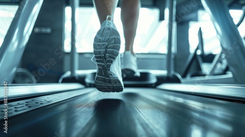 Close-up of a person running on a treadmill, with a focus on the shoe. photo