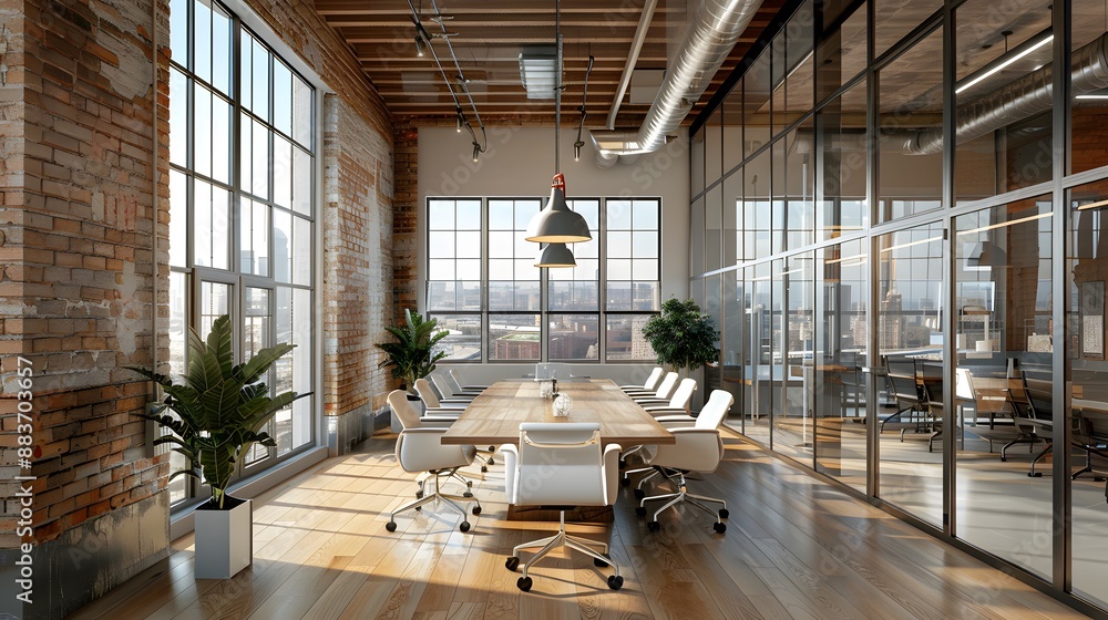 Modern open-plan office, glass-walled conference room, industrial chic design, exposed brick walls, wooden flooring, sleek white office chairs, contemporary long meeting table. Modern open-plan office, glass-walled conference room, industrial chic design, exposed brick walls, wooden flooring, sleek white office chairs, contemporary long meeting table.