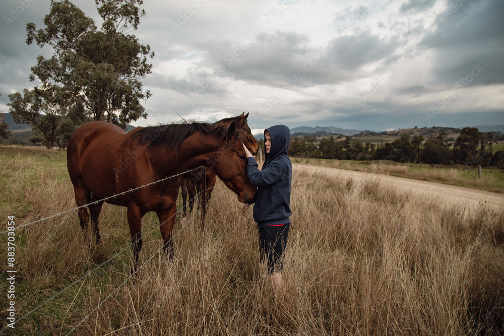 Teen boy standing at farm fence interacting with horses Teen boy standing at farm fence interacting with horses
