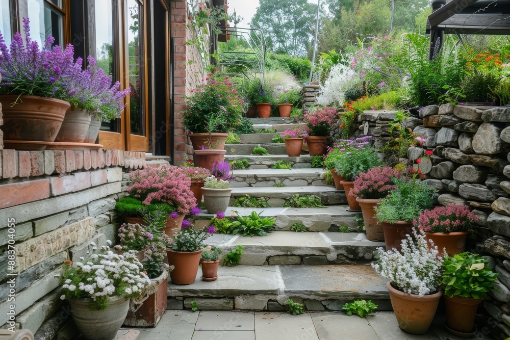 Stone Steps Lined with Lush Greenery and Colorful Flowers Stone Steps Lined with Lush Greenery and Colorful Flowers
