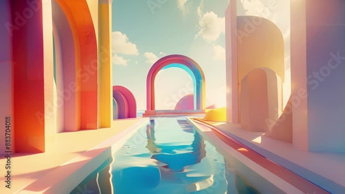 A surreal representation of geometric rainbows with overlapping shapes and a whimsical color palette.