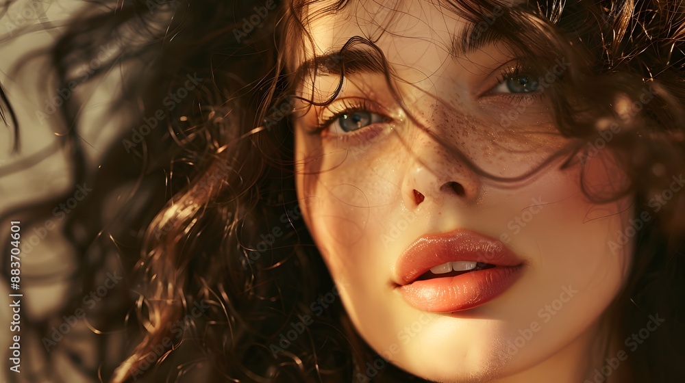 Fototapeta premium Vogue style close-up portrait of beautiful woman with long curly. 