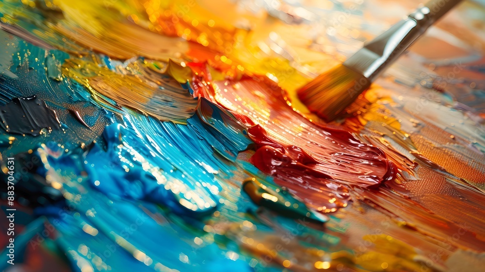 Paint being mixed on an artist's palette, focusing on the swirling colors and palette with a blurred background of a sunlit studio. Paint being mixed on an artist's palette, focusing on the swirling colors and palette with a blurred background of a sunlit studio.