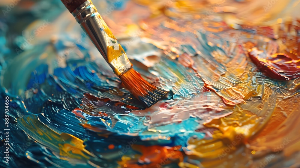 Fototapeta premium Paint being mixed on an artist's palette, focusing on the swirling colors and palette with a blurred background of a sunlit studio.