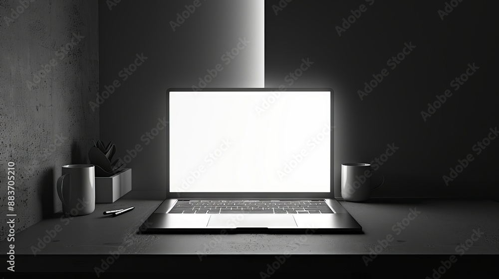 Fototapeta premium Minimalist Workspace with Laptop, Coffee Mugs and Plant in Monochrome
