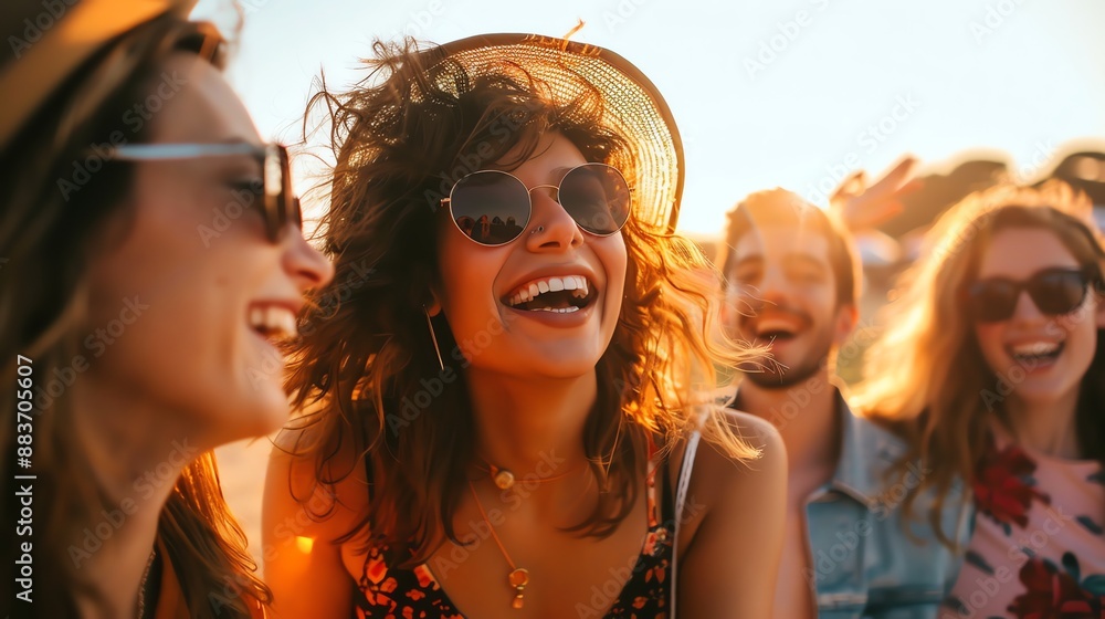 Obraz premium A group of friends laugh together in the golden light of the setting sun.