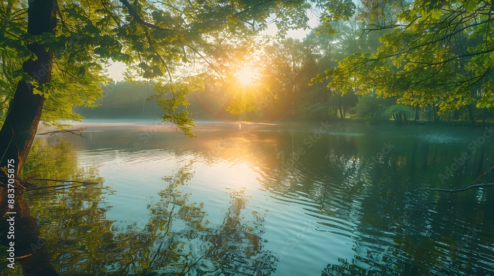 Fototapeta premium Serene lakeside at dawn, sunburst through trees, misty morning atmosphere, dappled sunlight on water, lush green foliage, silhouetted tree trunks, golden hour glow.