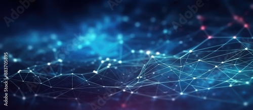 Abstract 3D Network Dots and Line Connections with Glowing Plexus Design. Blue Geometric Shape Gradient Bokeh Technology Background