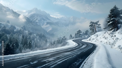 Winding mountain road in winter, snow-covered landscape, misty mountains in background, evergreen forest, curving asphalt highway, cloudy sky, atmospheric perspective.